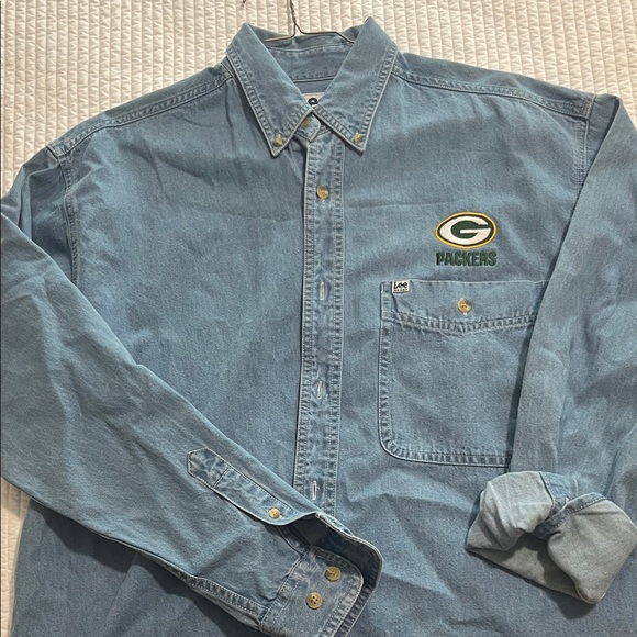Lee Blue Casual Button Down Shirt with Packers Logo - Picture 1 of 2